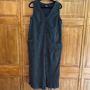Poetry Dark Gray V-Neck Jumpsuit with Relaxed Fit. Size M, Linen/Cotton Gauze.